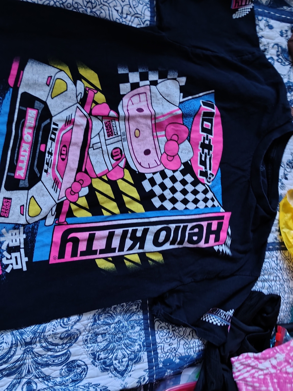 Hello Kitty Black Graphic Tee with Neon Racing Print Size Medium